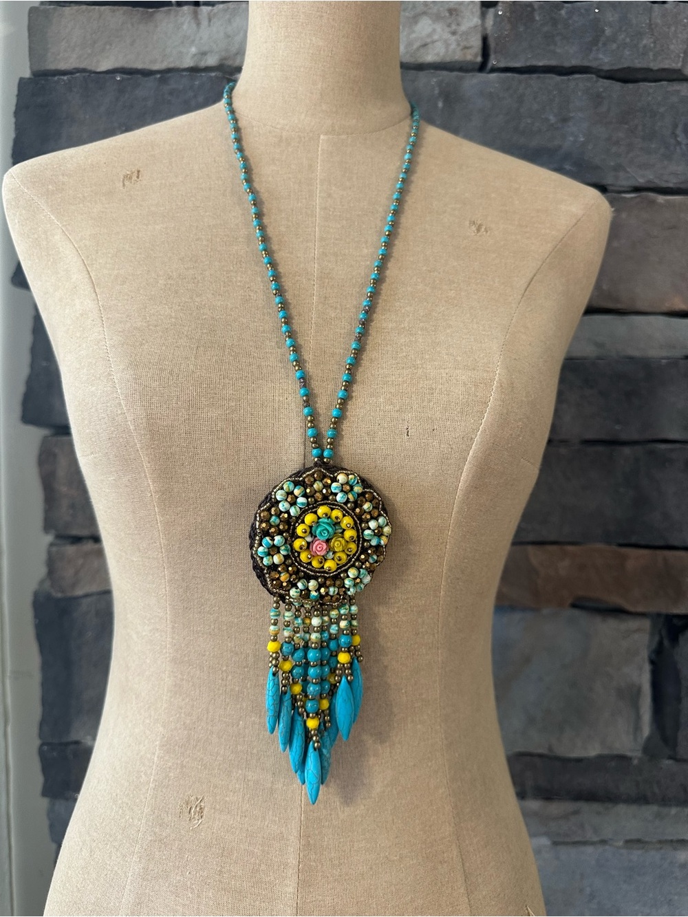 Turquoise & Yellow Beaded Statement Pendant Necklace